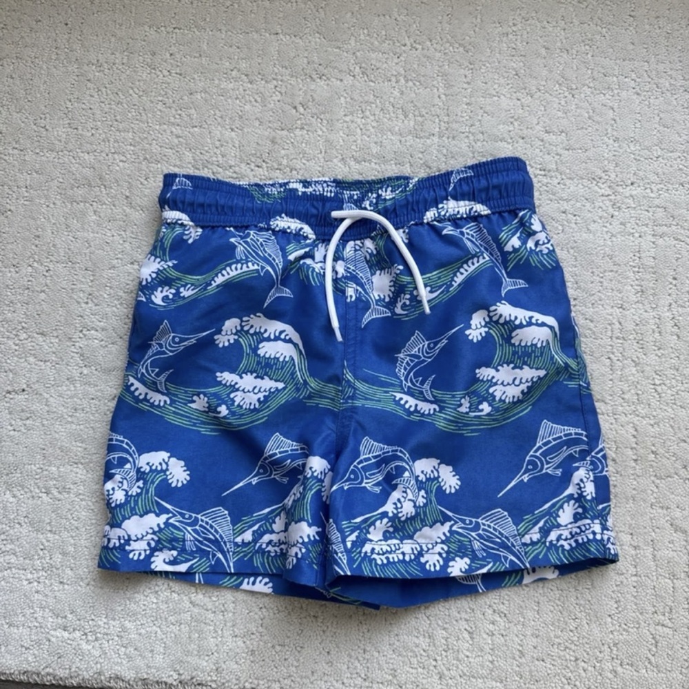 Janie and Jack boys Size 5 Blue Shark Print Swim Trunks Draw-Ties EC
